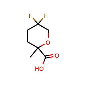 Chemical structure of 5,5-difluoro-2-methyltetrahydro-2H-pyran-2-carboxylic acid , CAS 1447942-76-8, AChemBlock Q63453
