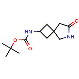 Chemical structure of tert-butyl (7-oxo-6-azaspiro[3.4]octan-2-yl)carbamate , CAS 2168418-55-9, AChemBlock Q63554