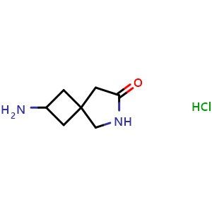 Chemical structure of 2-amino-6-azaspiro[3.4]octan-7-one hydrochloride , CAS 2172063-36-2, AChemBlock Q63555
