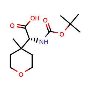 Chemical structure of (R)-2-((tert-Butoxycarbonyl)amino)-2-(4-methyltetrahydro-2H-pyran-4-yl)acetic acid , CAS 1629738-53-9, AChemBlock Q63571