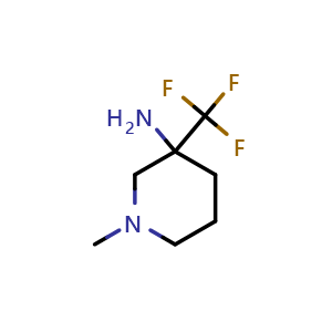 Chemical structure of 1-methyl-3-(trifluoromethyl)piperidin-3-amine , CAS 1505834-03-6, AChemBlock Q63696