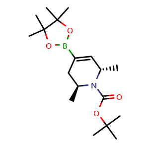 Chemical structure of tert-butyl (2S,6S)-2,6-dimethyl-4-(4,4,5,5-tetramethyl-1,3,2-dioxaborolan-2-yl)-3,6-dihydropyridine-1(2H)-carboxylate , CAS 1005397-66-9, AChemBlock Q63716