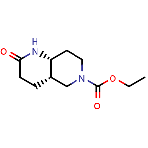 Chemical structure of ethyl (4aS,8aR)-2-oxooctahydro-1,6-naphthyridine-6(2H)-carboxylate , CAS 1890133-99-9, AChemBlock Q63733