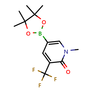 Chemical structure of 1-methyl-5-(4,4,5,5-tetramethyl-1,3,2-dioxaborolan-2-yl)-3-(trifluoromethyl)pyridin-2(1H)-one , CAS 1706753-51-6, AChemBlock Q63748