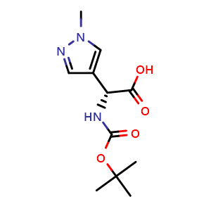 Chemical structure of (R)-2-((tert-butoxycarbonyl)amino)-2-(1-methyl-1H-pyrazol-4-yl)acetic acid , CAS 2165947-34-0, AChemBlock Q63753