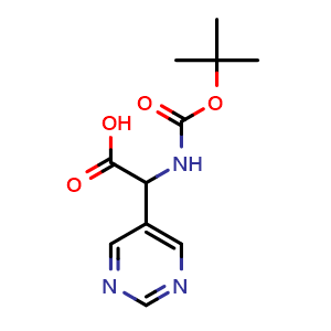 Chemical structure of 2-((tert-butoxycarbonyl)amino)-2-(pyrimidin-5-yl)acetic acid , CAS 1850152-05-4, AChemBlock Q63765