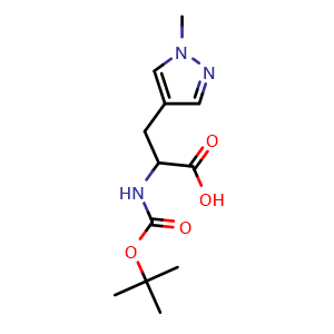 Chemical structure of 2-((tert-butoxycarbonyl)amino)-3-(1-methyl-1H-pyrazol-4-yl)propanoic acid , CAS 942317-54-6, AChemBlock Q63771