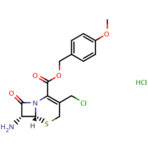 Chemical structure of 4-methoxybenzyl (6R,7R)-7-amino-3-(chloromethyl)-8-oxo-5-thia-1-azabicyclo[4.2.0]oct-2-ene-2-carboxylate hydrochloride , CAS 113479-65-5, AChemBlock Q63840