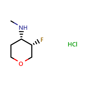 Chemical structure of (3S,4S)-3-fluoro-N-methyltetrahydro-2H-pyran-4-amine hydrochloride , CAS 2306247-50-5, AChemBlock Q63884