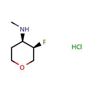 Chemical structure of (3R,4R)-3-fluoro-N-methyltetrahydro-2H-pyran-4-amine hydrochloride , CAS 2306245-75-8, AChemBlock Q63885