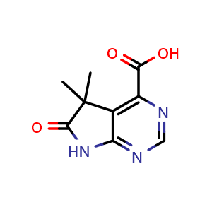 Chemical structure of 5,5-dimethyl-6-oxo-6,7-dihydro-5H-pyrrolo[2,3-d]pyrimidine-4-carboxylic acid , CAS 2168211-34-3, AChemBlock Q63909
