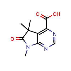 Chemical structure of 5,5,7-trimethyl-6-oxo-6,7-dihydro-5H-pyrrolo[2,3-d]pyrimidine-4-carboxylic acid , CAS 2167669-10-3, AChemBlock Q63910