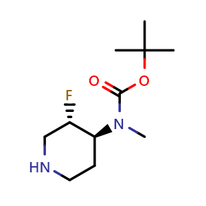Chemical structure of tert-butyl ((3S,4S)-3-fluoropiperidin-4-yl)(methyl)carbamate , CAS 1932198-08-7, AChemBlock Q63916