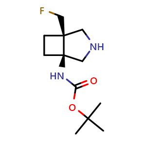 Chemical structure of tert-butyl ((1S,5S)-5-(fluoromethyl)-3-azabicyclo[3.2.0]heptan-1-yl)carbamate , CAS 1037367-20-6, AChemBlock Q63987