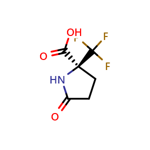 Chemical structure of (S)-5-oxo-2-(trifluoromethyl)pyrrolidine-2-carboxylic acid , CAS 1153474-63-5, AChemBlock Q64035