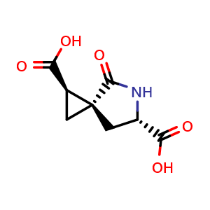 Chemical structure of (1R,3S,6S)-4-oxo-5-azaspiro[2.4]heptane-1,6-dicarboxylic acid , CAS 1868986-49-5, AChemBlock Q64047