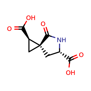 Chemical structure of (1R,3R,6S)-4-oxo-5-azaspiro[2.4]heptane-1,6-dicarboxylic acid , CAS 1868986-52-0, AChemBlock Q64050
