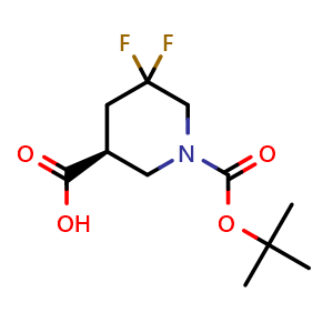 Chemical structure of (S)-1-(tert-butoxycarbonyl)-5,5-difluoropiperidine-3-carboxylic acid , CAS 2166022-52-0, AChemBlock Q64051