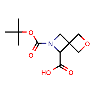 Chemical structure of 6-(tert-butoxycarbonyl)-2-oxa-6-azaspiro[3.3]heptane-5-carboxylic acid , CAS 2168618-83-3, AChemBlock Q64063