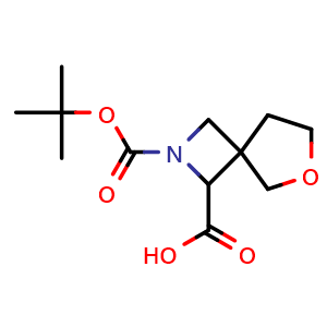 Chemical structure of 2-(tert-butoxycarbonyl)-6-oxa-2-azaspiro[3.4]octane-1-carboxylic acid , CAS 2168432-06-0, AChemBlock Q64064