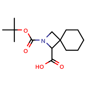 Chemical structure of 2-(tert-butoxycarbonyl)-2-azaspiro[3.5]nonane-1-carboxylic acid , CAS 247089-12-9, AChemBlock Q64065