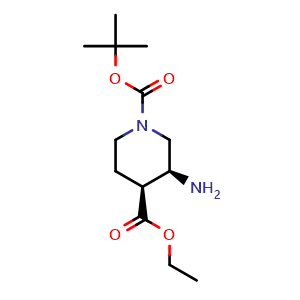 Chemical structure of 1-(tert-butyl) 4-ethyl (3S,4S)-3-aminopiperidine-1,4-dicarboxylate , CAS 1006891-30-0, AChemBlock Q64074