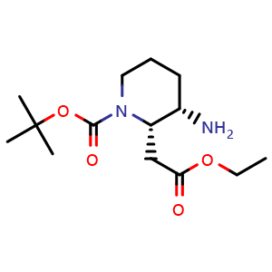 Chemical structure of tert-Butyl (2S,3S)-3-amino-2-(2-ethoxy-2-oxoethyl)piperidine-1-carboxylate , CAS 1277168-50-9, AChemBlock Q64077