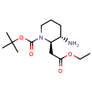 Chemical structure of tert-Butyl (2R,3S)-3-amino-2-(2-ethoxy-2-oxoethyl)piperidine-1-carboxylate , CAS 1277168-56-5, AChemBlock Q64078