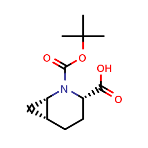 Chemical structure of (1S,3S,6R)-2-(tert-butoxycarbonyl)-2-azabicyclo[4.1.0]heptane-3-carboxylic acid , CAS 197142-49-7, AChemBlock Q64176