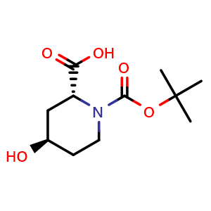Chemical structure of (2R,4R)-1-(tert-butoxycarbonyl)-4-hydroxypiperidine-2-carboxylic acid , CAS 441044-11-7, AChemBlock Q64177