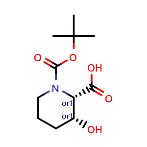 Chemical structure of cis-1-tert-butoxycarbonyl-3-hydroxy-piperidine-2-carboxylic acid , CAS 1218818-50-8, AChemBlock Q64185