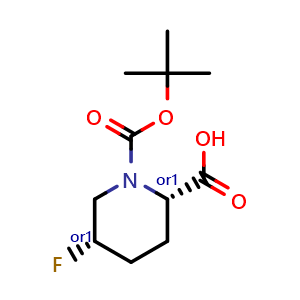 Chemical structure of cis-1-[(tert-butoxy)carbonyl]-5-fluoropiperidine-2-carboxylic acid , CAS 2165538-57-6, AChemBlock Q64190