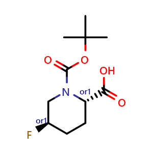 Chemical structure of trans-1-[(tert-butoxy)carbonyl]-5-fluoropiperidine-2-carboxylic acid , CAS 2165534-63-2, AChemBlock Q64191