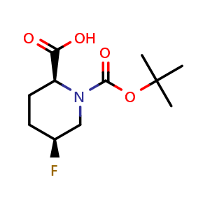 Chemical structure of (2S,5S)-1-(tert-butoxycarbonyl)-5-fluoropiperidine-2-carboxylic acid , CAS 2165538-57-6, AChemBlock Q64192