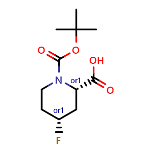 Chemical structure of cis-1-[(tert-butoxy)carbonyl]-4-fluoropiperidine-2-carboxylic acid , CAS 2165861-24-3, AChemBlock Q64196