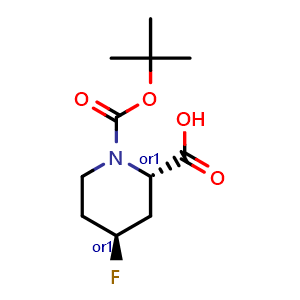 Chemical structure of trans-1-[(tert-butoxy)carbonyl]-4-fluoropiperidine-2-carboxylic acid , CAS 1260665-17-5, AChemBlock Q64197