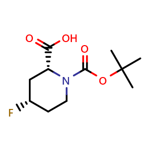 Chemical structure of (2R,4S)-1-(tert-butoxycarbonyl)-4-fluoropiperidine-2-carboxylic acid , CAS 2165801-50-1, AChemBlock Q64199