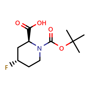 Chemical structure of (2S,4S)-1-(tert-butoxycarbonyl)-4-fluoropiperidine-2-carboxylic acid , CAS 1260602-67-2, AChemBlock Q64200