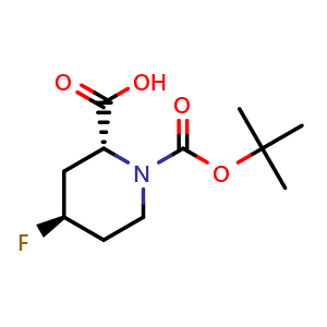 Chemical structure of (2R,4R)-1-(tert-butoxycarbonyl)-4-fluoropiperidine-2-carboxylic acid , CAS 2165800-31-5, AChemBlock Q64201