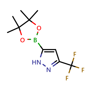 Chemical structure of 5-(4,4,5,5-tetramethyl-1,3,2-dioxaborolan-2-yl)-3-(trifluoromethyl)-1H-pyrazole , CAS 1573171-39-7, AChemBlock Q64213