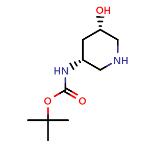 Chemical structure of tert-butyl ((3R,5S)-5-hydroxypiperidin-3-yl)carbamate , CAS 1611481-21-0, AChemBlock Q64254