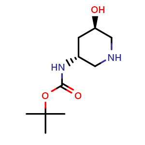 Chemical structure of tert-butyl ((3R,5R)-5-hydroxypiperidin-3-yl)carbamate , CAS 2306252-76-4, AChemBlock Q64256