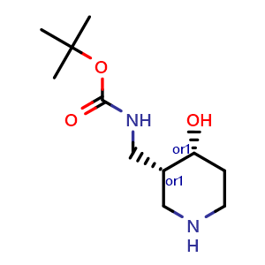 Chemical structure of tert-butyl N-{[cis-4-hydroxypiperidin-3-yl]methyl}carbamate , CAS 956010-32-5, AChemBlock Q64278