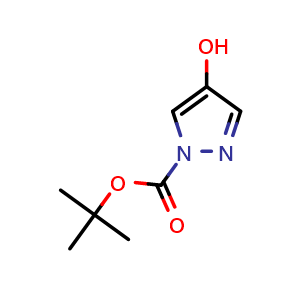 Chemical structure of tert-Butyl 4-hydroxy-1H-pyrazole-1-carboxylate , CAS 1394947-77-3, AChemBlock Q64289