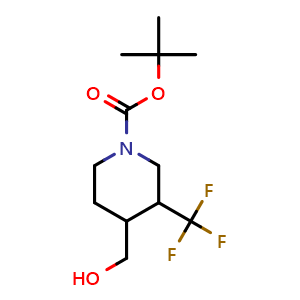 Chemical structure of tert-butyl 4-(hydroxymethyl)-3-(trifluoromethyl)piperidine-1-carboxylate , CAS 1260761-45-2, AChemBlock Q64299