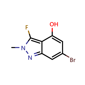 Chemical structure of 6-bromo-3-fluoro-2-methyl-2H-indazol-4-ol , CAS 2088840-50-8, AChemBlock Q64329
