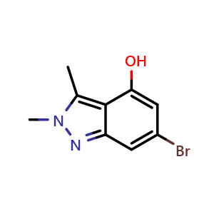 Chemical structure of 6-bromo-2,3-dimethyl-2H-indazol-4-ol , CAS 2088840-54-2, AChemBlock Q64330