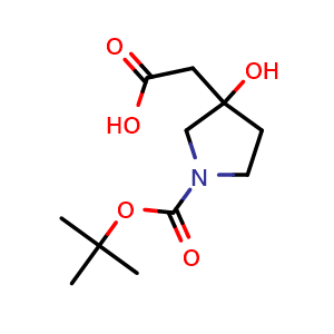 Chemical structure of 2-(1-(tert-butoxycarbonyl)-3-hydroxypyrrolidin-3-yl)acetic acid , CAS 1369112-18-4, AChemBlock Q64360