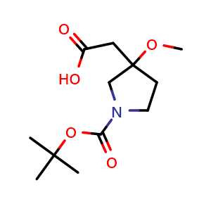 Chemical structure of 2-(1-(tert-butoxycarbonyl)-3-methoxypyrrolidin-3-yl)acetic acid , CAS 1781799-84-5, AChemBlock Q64362