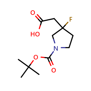 Chemical structure of 2-(1-(tert-butoxycarbonyl)-3-fluoropyrrolidin-3-yl)acetic acid , CAS 1782640-89-4, AChemBlock Q64363